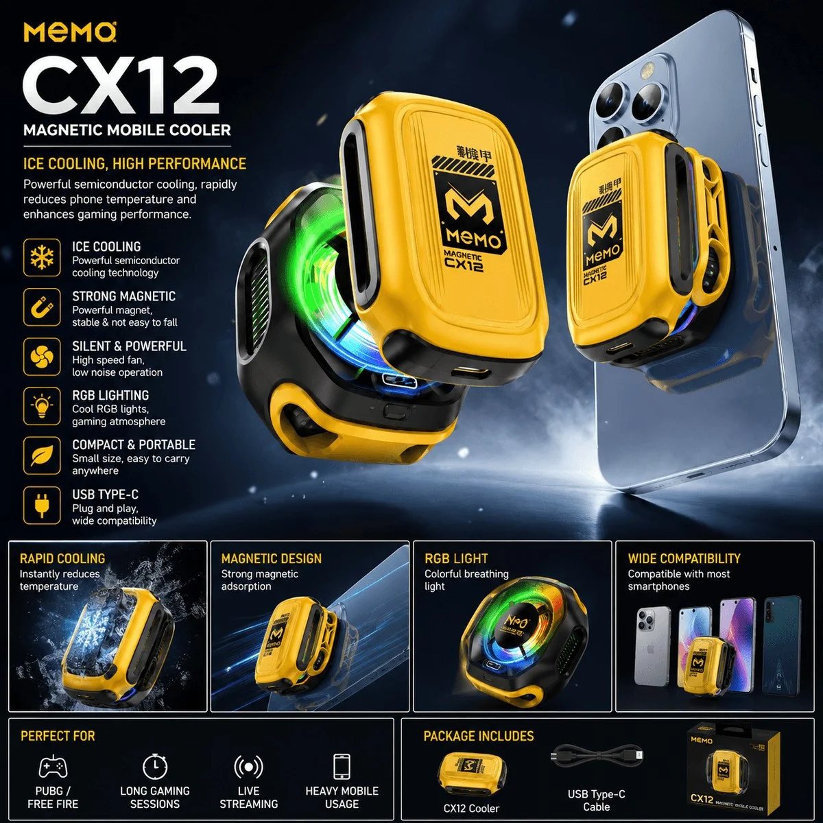 MEMO CX12 Magnetic Phone Cooler – 10W Radiator with Digital Display & Rechargeable Battery for Phones & Gaming image 2