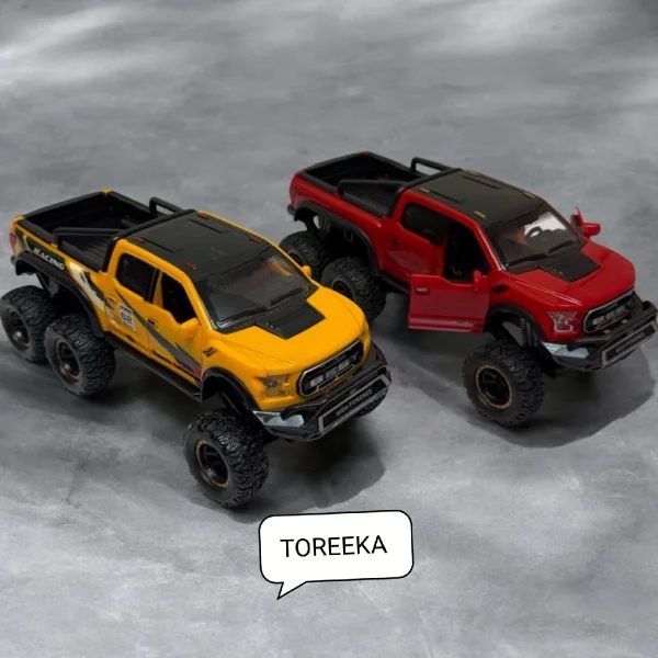 1:24 or 1:28 scale die-cast metal toy models of the Ford F-150 Raptor 6x6 modified pickup truck